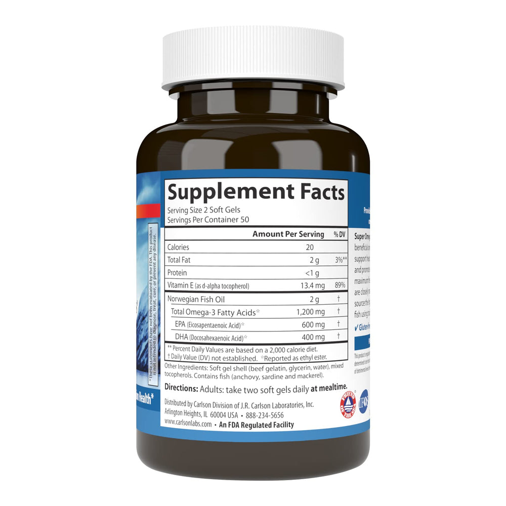 Carlson Super Omega-3 Gems capsules ready to swallow for heart, brain, and vision support.