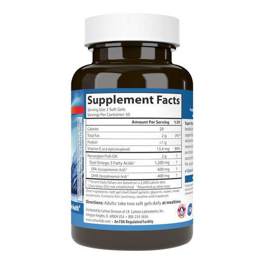 Carlson Super Omega-3 Gems capsules ready to swallow for heart, brain, and vision support.