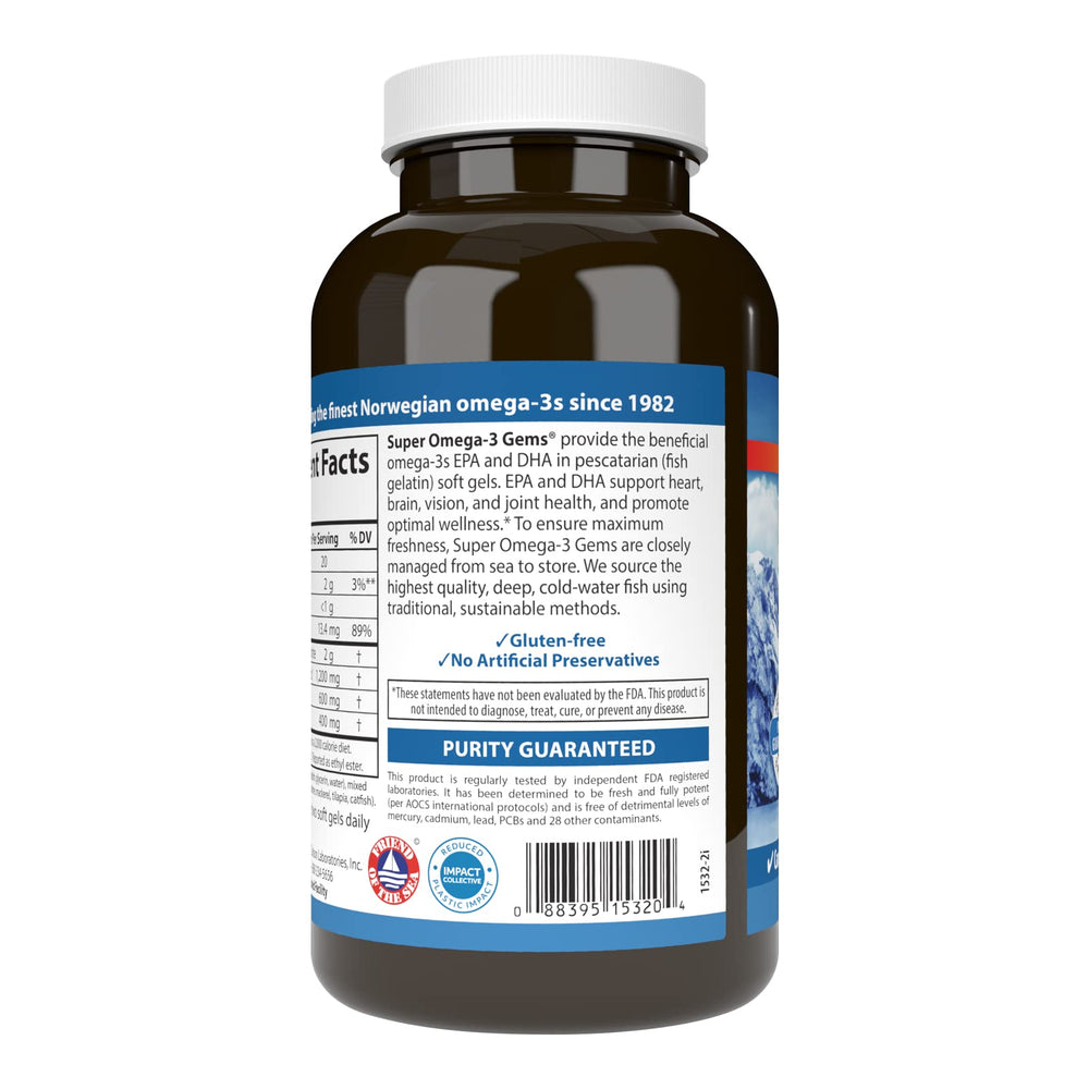 Carlson Super Omega-3 Gems label detail highlighting wild-caught, sustainably sourced ingredients