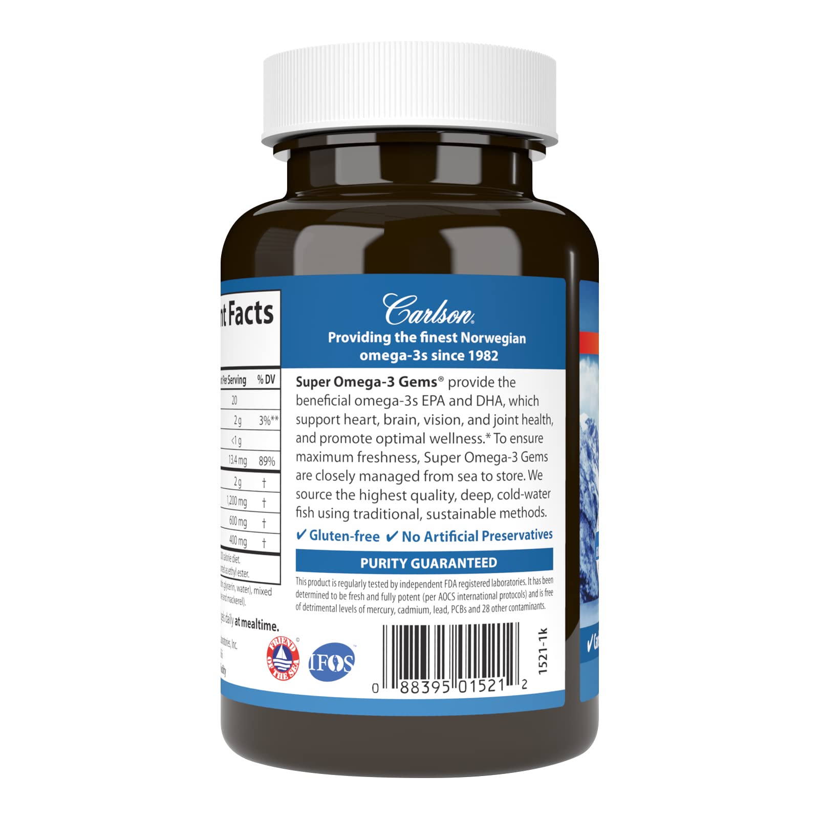 Carlson Super Omega-3 Gems label shows EPA and DHA content from sustainable sources.
