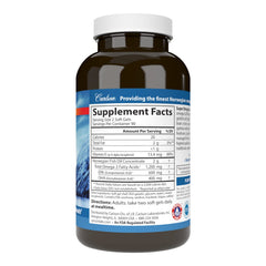 Carlson Super Omega-3 Gems soft gels closeup showing 1,200 mg omega-3 per serving