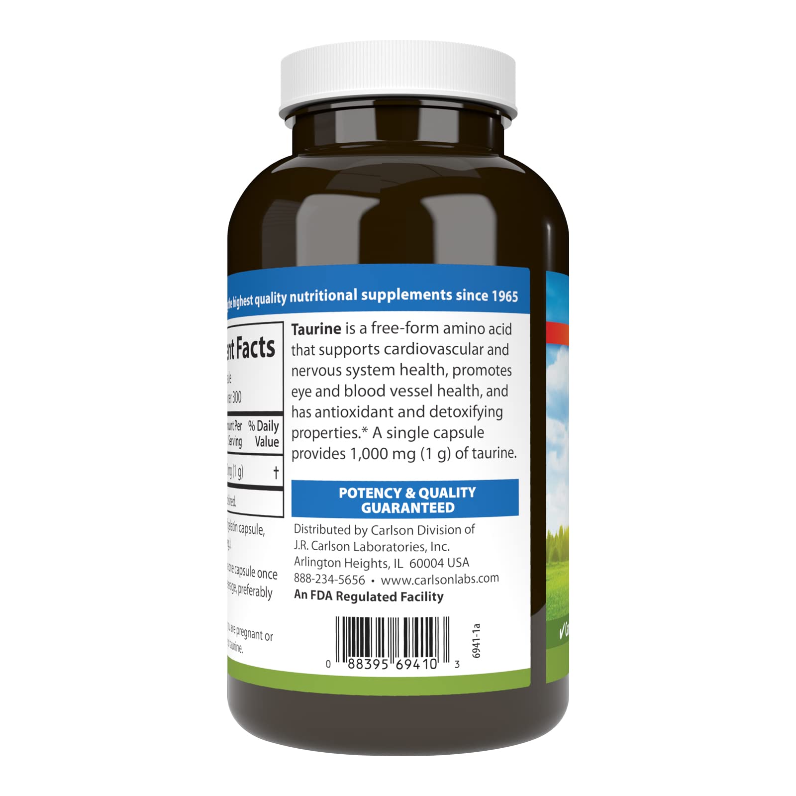 Carlson Taurine bottle front conveys potency and quality for a trusted supplement.