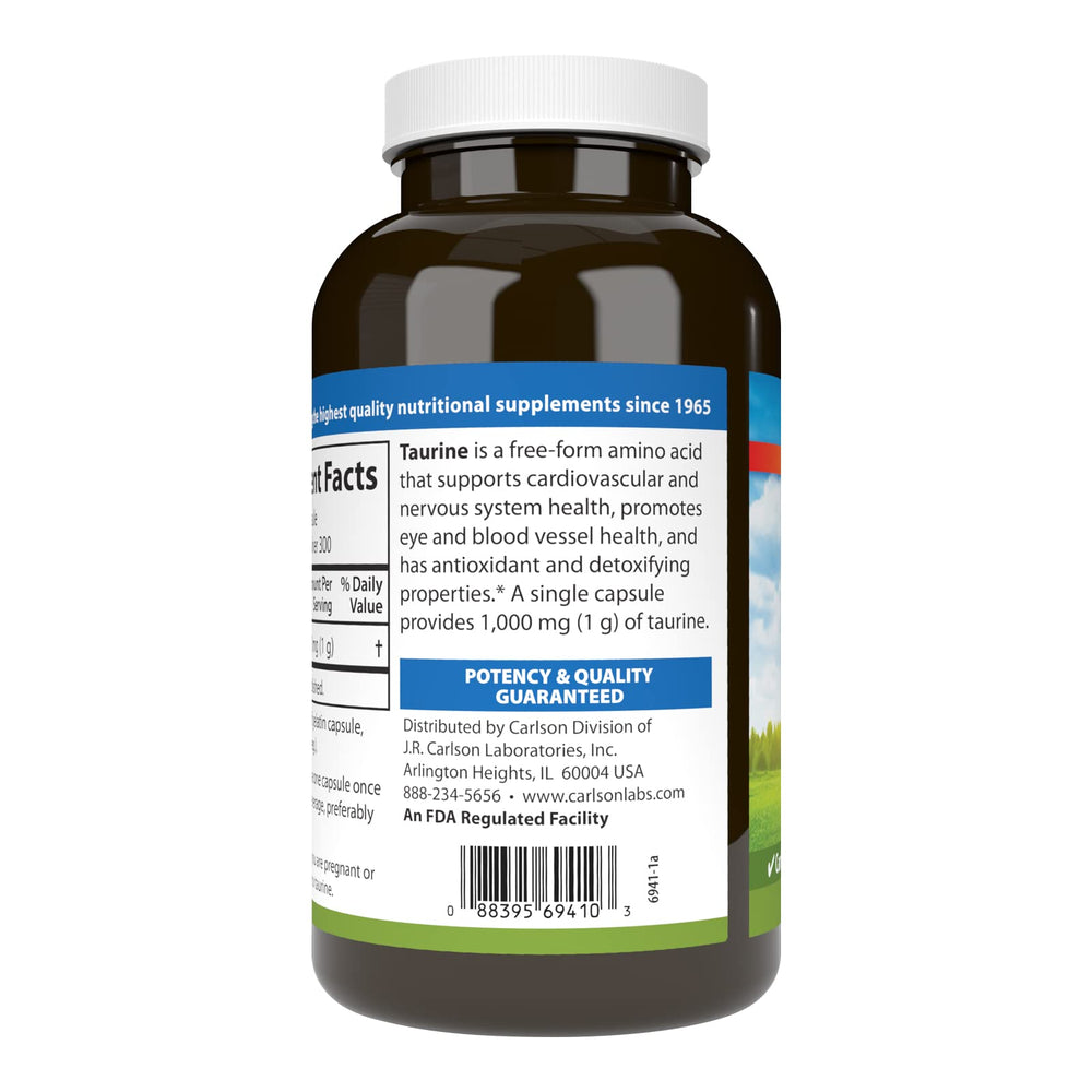 Carlson Taurine bottle front conveys potency and quality for a trusted supplement.