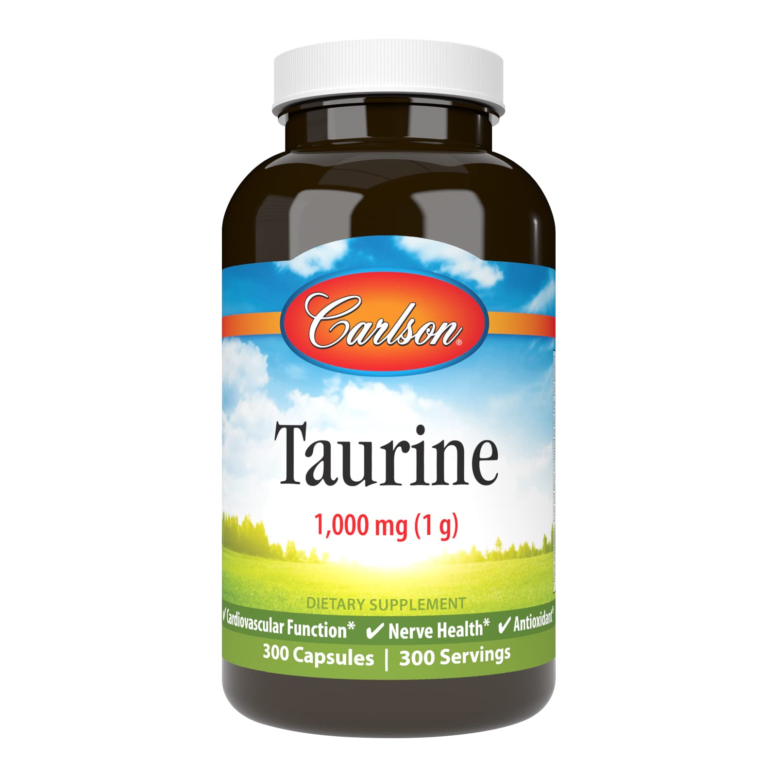 Carlson Taurine bottle label highlights dosage and nerve support benefits.
