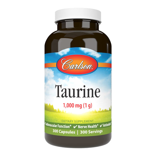 Carlson Taurine bottle label highlights dosage and nerve support benefits.