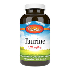 Carlson Taurine bottle label highlights dosage and nerve support benefits.