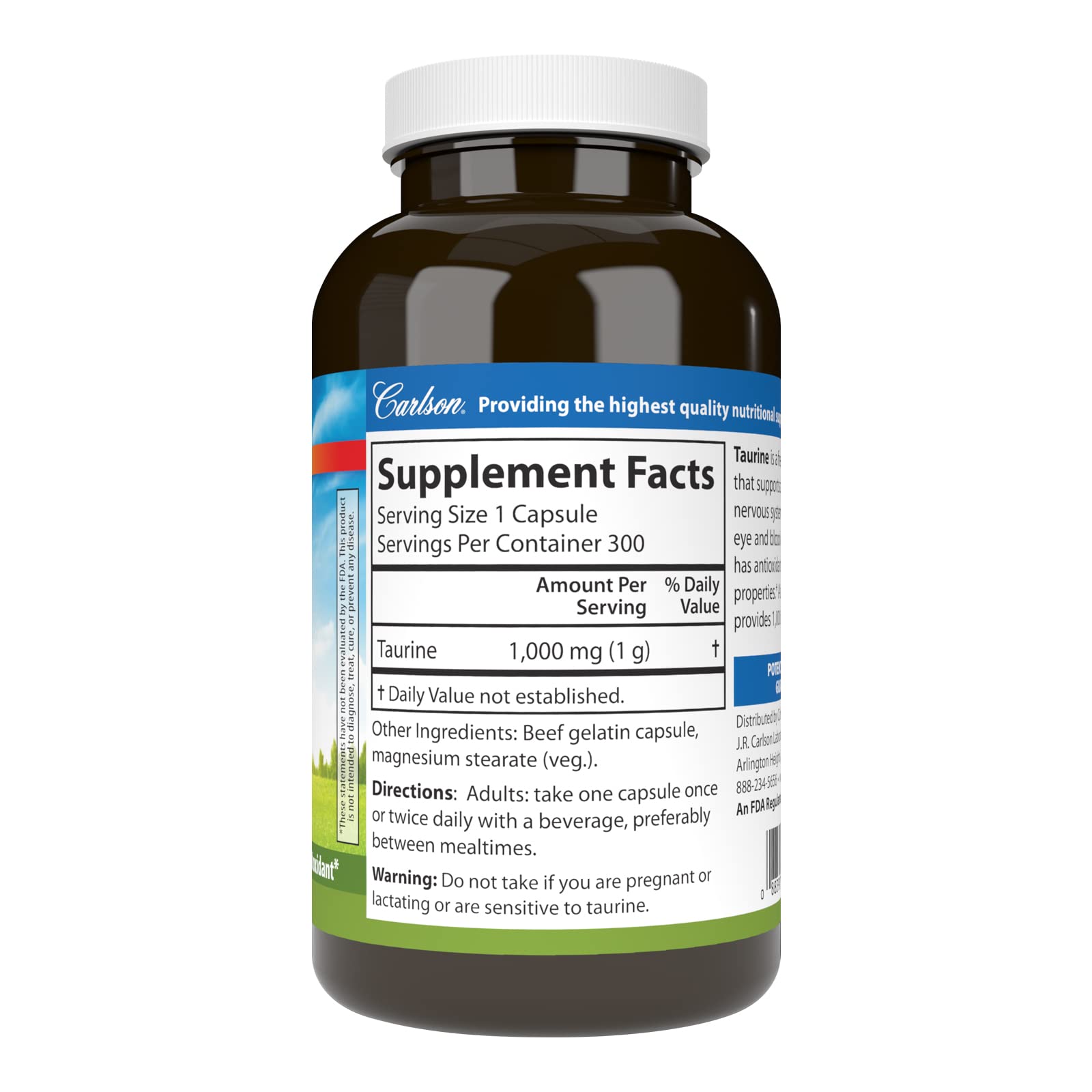 Carlson Taurine capsules closeup shows 1,000 mg per capsule for daily use.