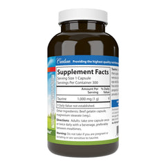 Carlson Taurine capsules closeup shows 1,000 mg per capsule for daily use.
