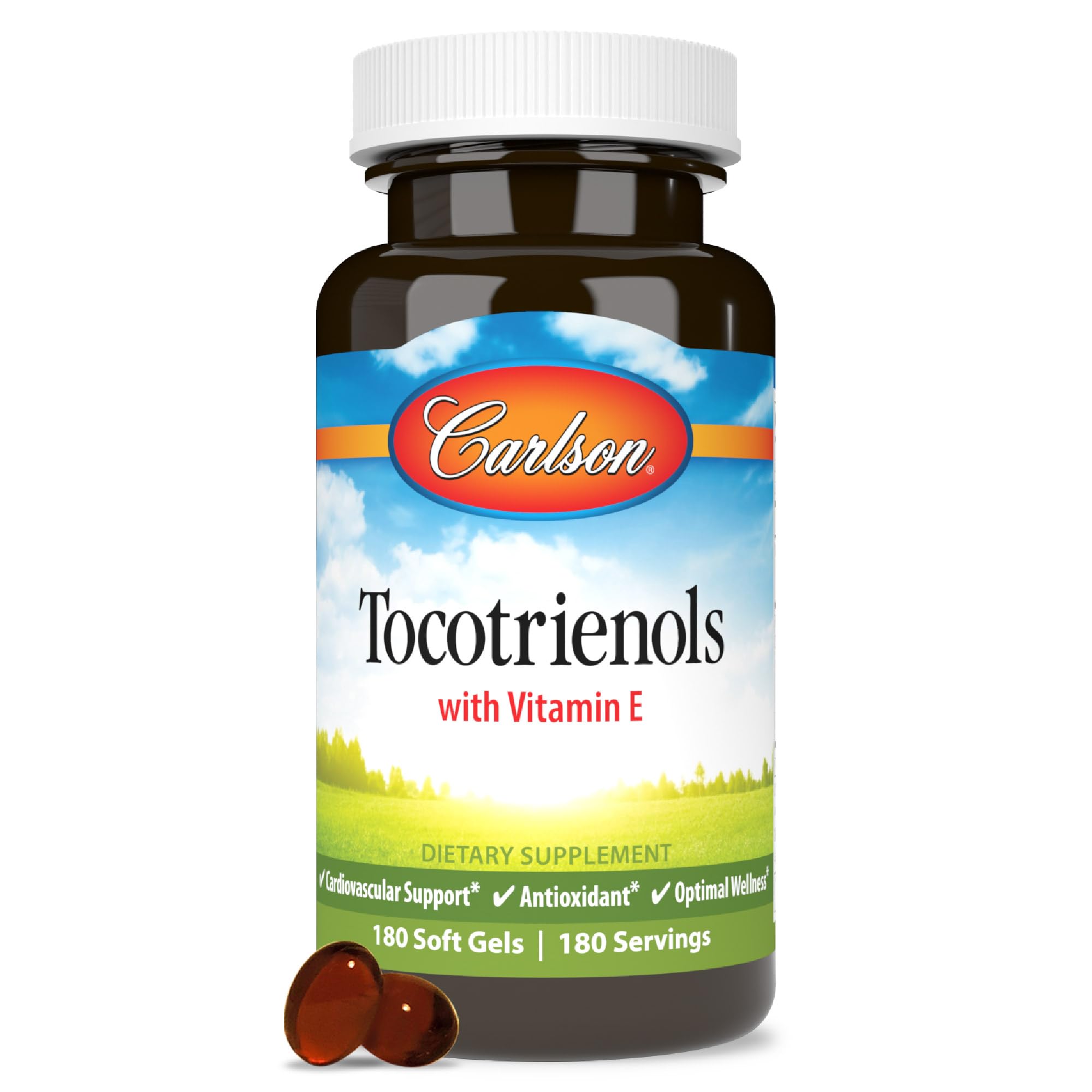 Carlson Tocotrienols Softgels bottle for convenient daily vitamin E with potential cardiovascular support.