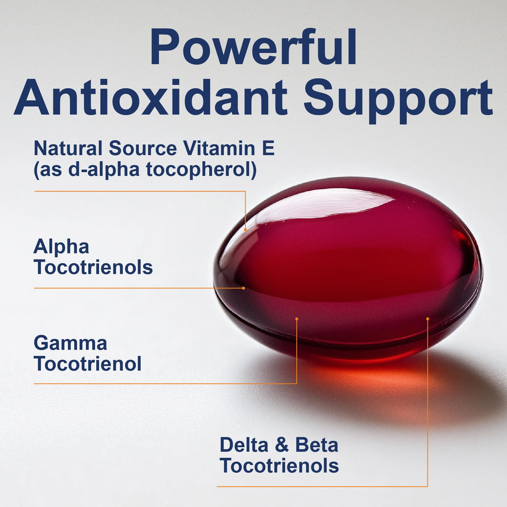Front view of Carlson Tocotrienols bottle on counter for everyday wellness routine.
