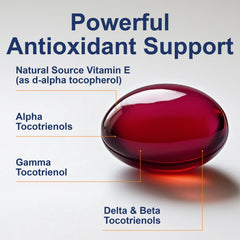 Front view of Carlson Tocotrienols bottle on counter for everyday wellness routine.