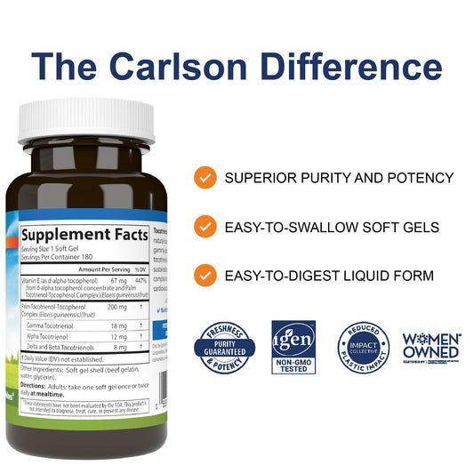 Close-up of Carlson Tocotrienols capsule showing softgel form and natural vitamin E.