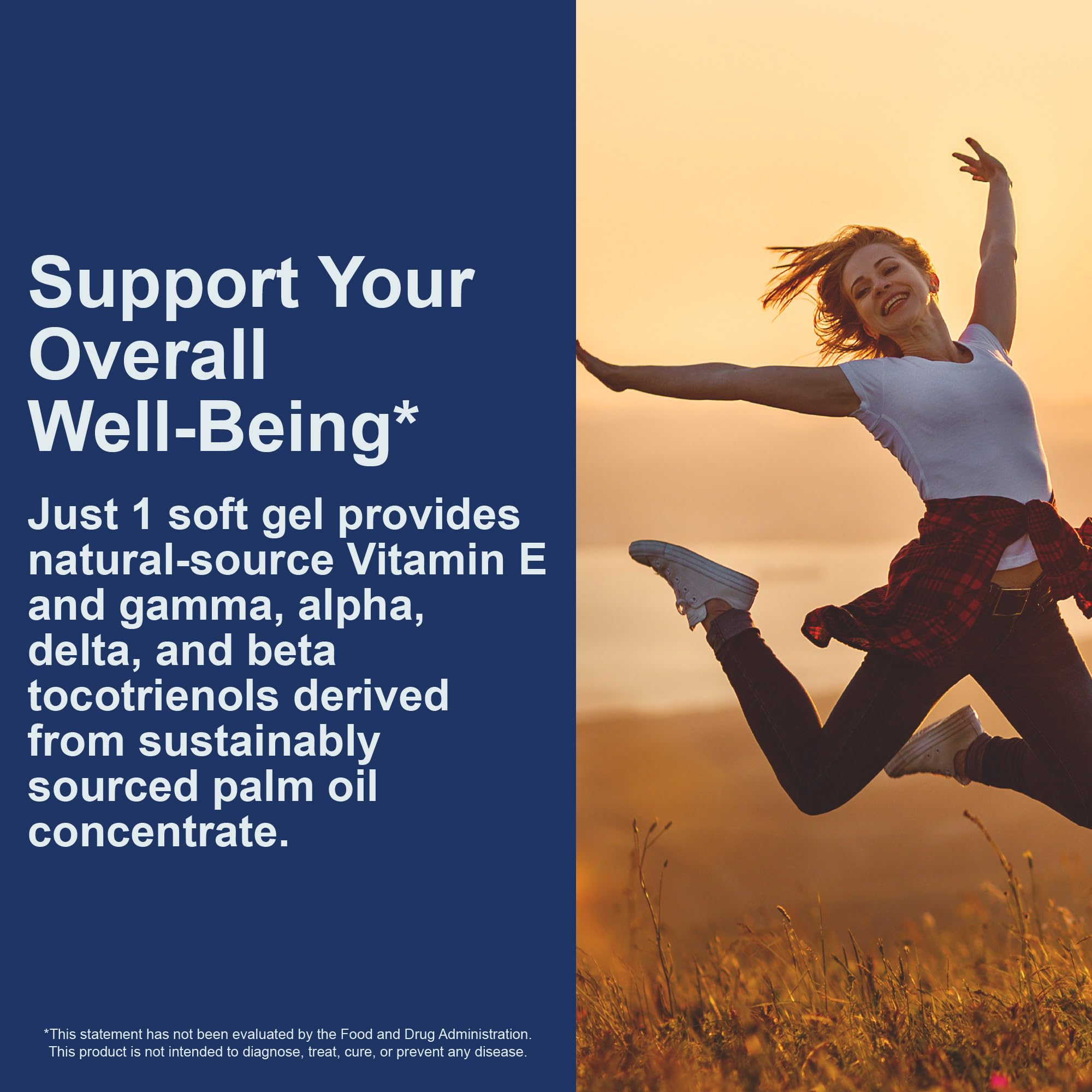 Poured Carlson Tocotrienols softgels illustrating easy-to-take daily supplement.