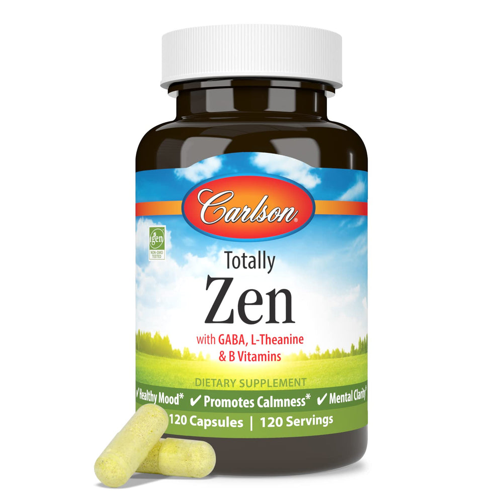 Carlson Totally Zen bottle with glass suggests a mindful daily routine.