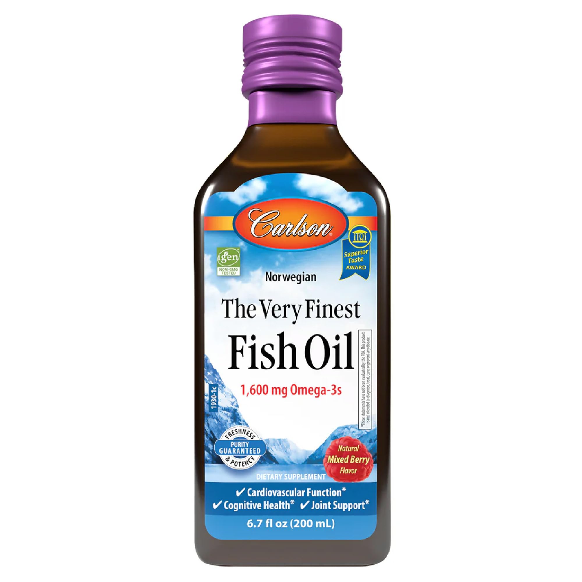 Carlson Very Finest Fish Oil 1600mg bottle pour for easy daily dosing.