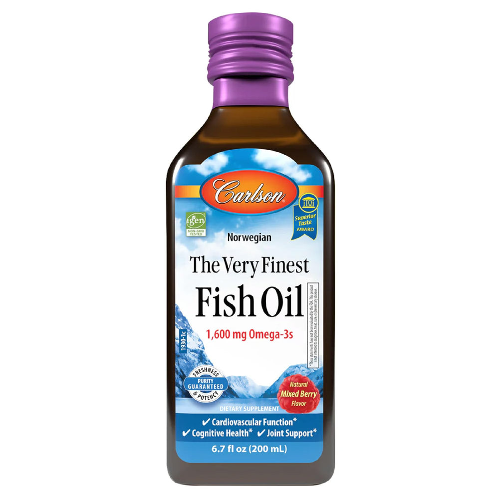 Carlson Very Finest Fish Oil 1600mg bottle pour for easy daily dosing.