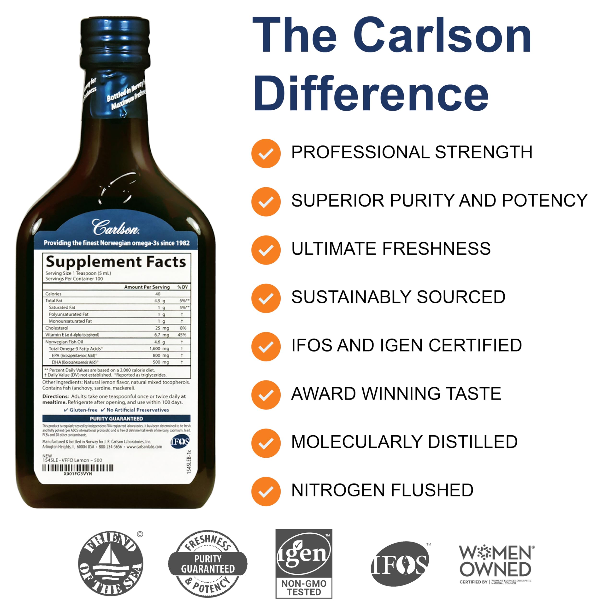 Carlson lemon bottle with dropper highlighting 1,600 mg omega-3s per teaspoon