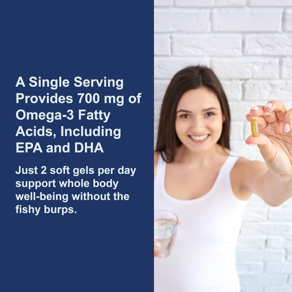 Carlson Very Finest Fish Oil close-up of softgels showing 700 mg omega-3s per serving.