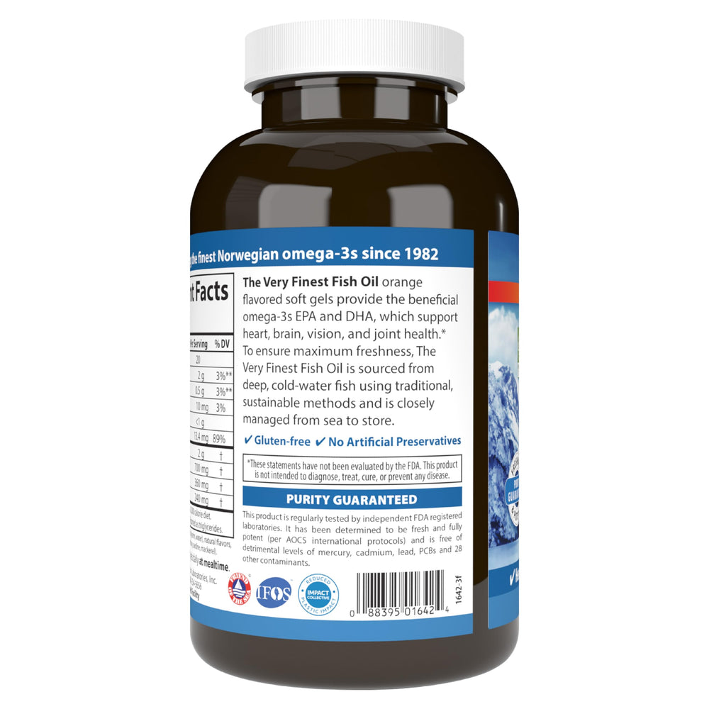 Carlson Very Finest Fish Oil orange-flavored softgels for pleasant daily supplementation.