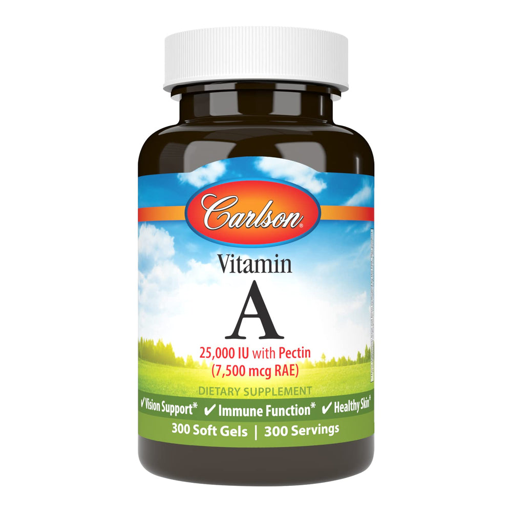 Carlson Vitamin A 25000 IU softgel bottle highlights vision health support