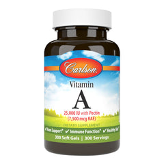 Carlson Vitamin A 25000 IU softgel bottle highlights vision health support