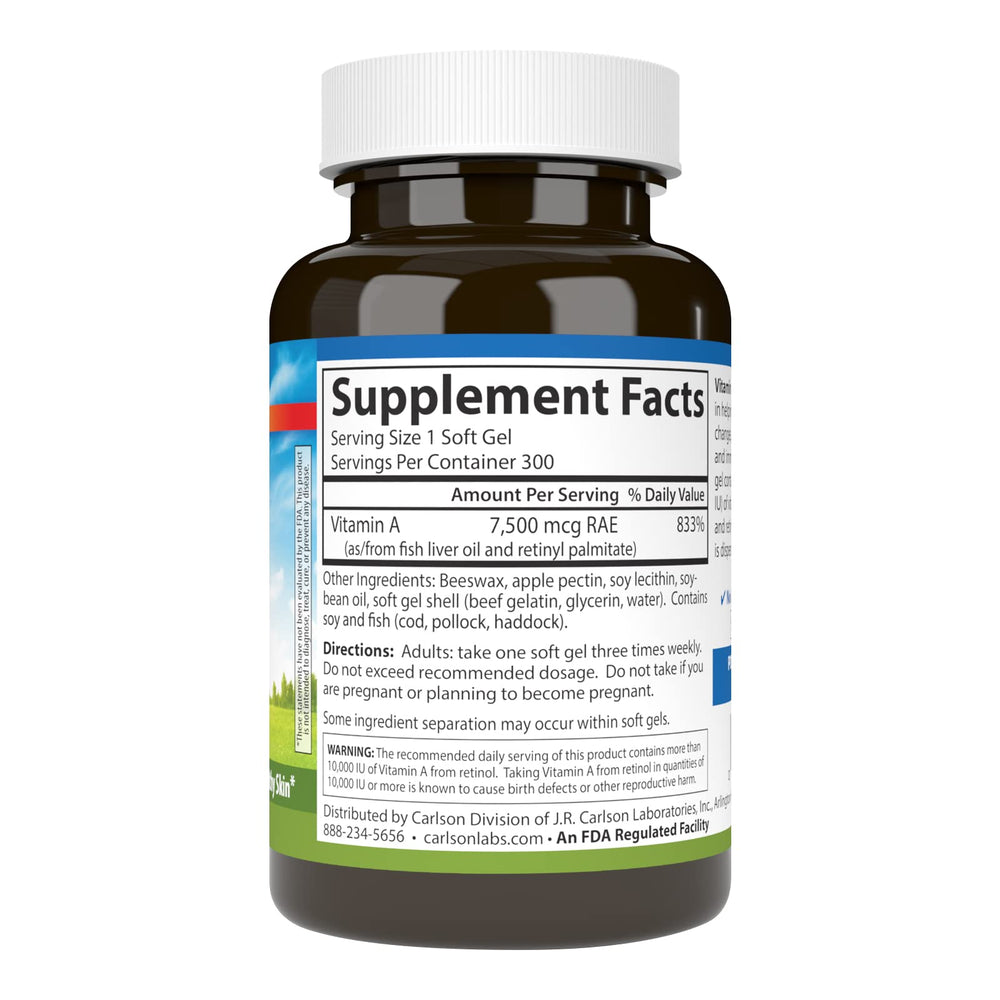 Carlson Vitamin A 25000 IU softgel close-up shows easy-to-swallow capsules