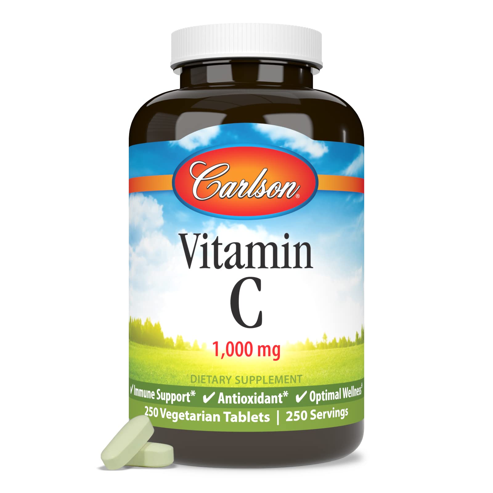 Carlson Vitamin C 1,000 mg bottle with info card for usage notes