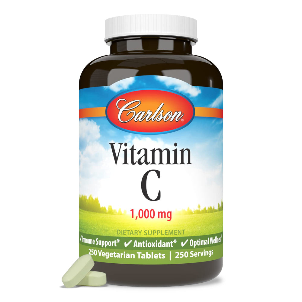 Carlson Vitamin C 1,000 mg bottle with info card for usage notes