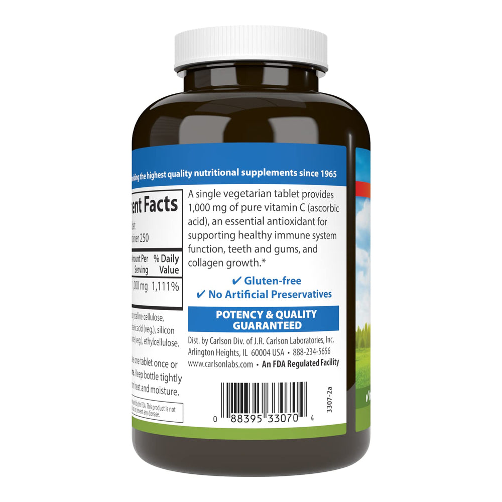 Carlson Vitamin C 1,000 mg bottle label emphasizes quality and purity