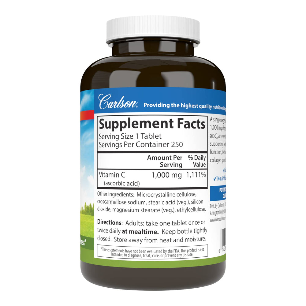 Carlson Vitamin C 1,000 mg tablet close-up highlights high potency