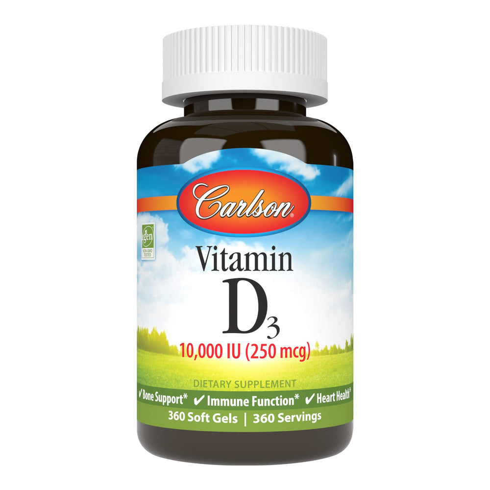 Carlson Vitamin D3 10,000 IU softgel bottle front for bone and immune health.