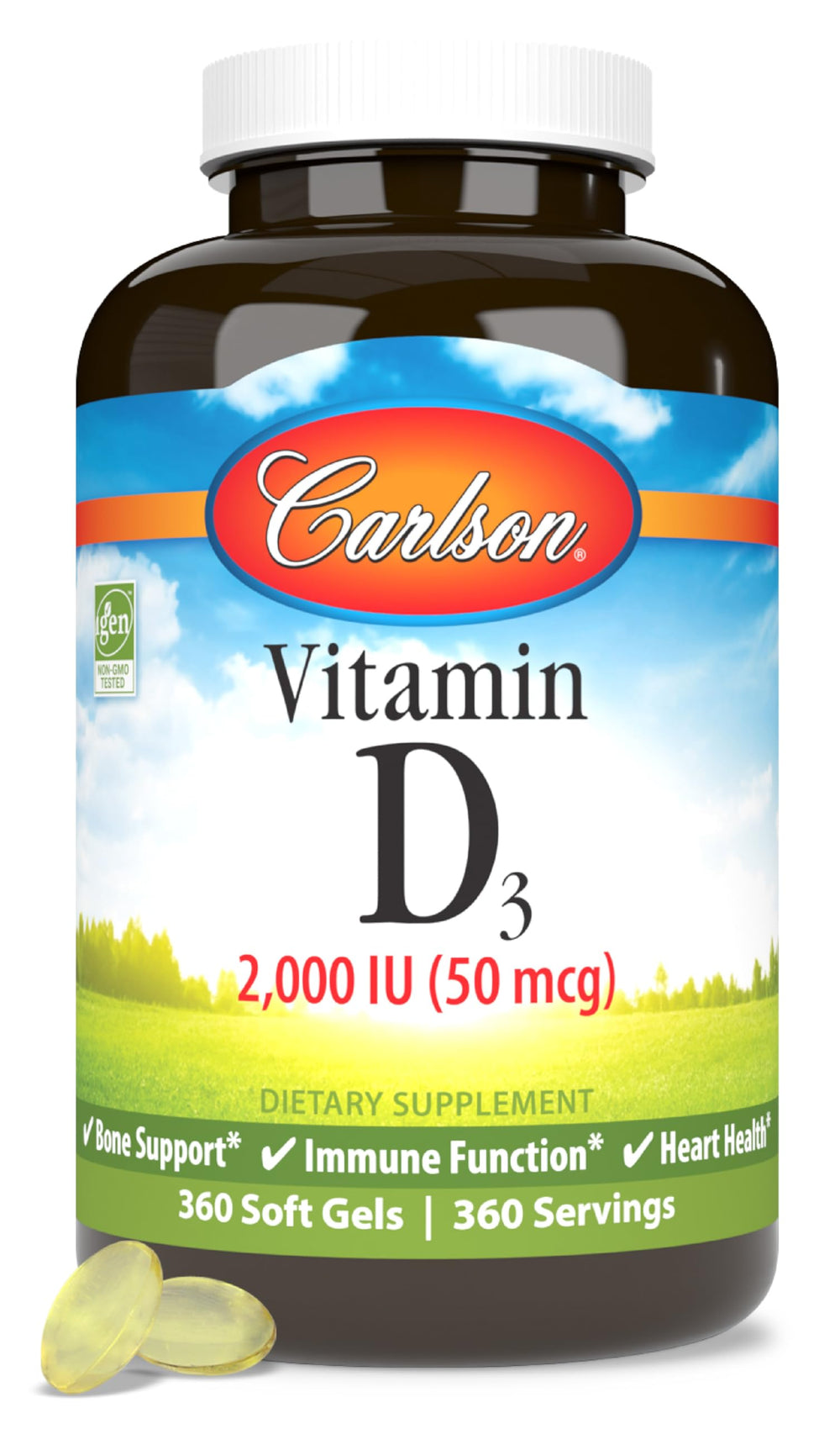 Carlson Vitamin D3 2000 IU bottle with softgels supports bone and immune health