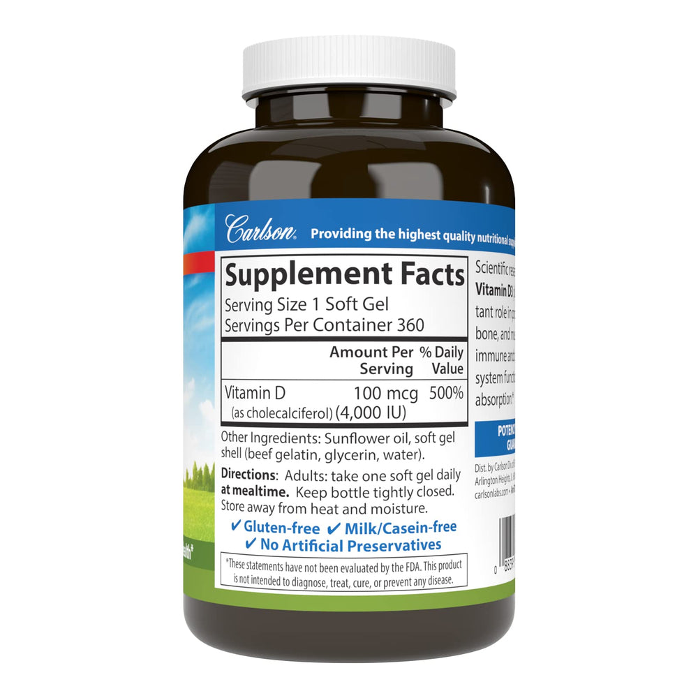 Carlson Vitamin D3 4000 IU softgels back label confirms potency and quality.