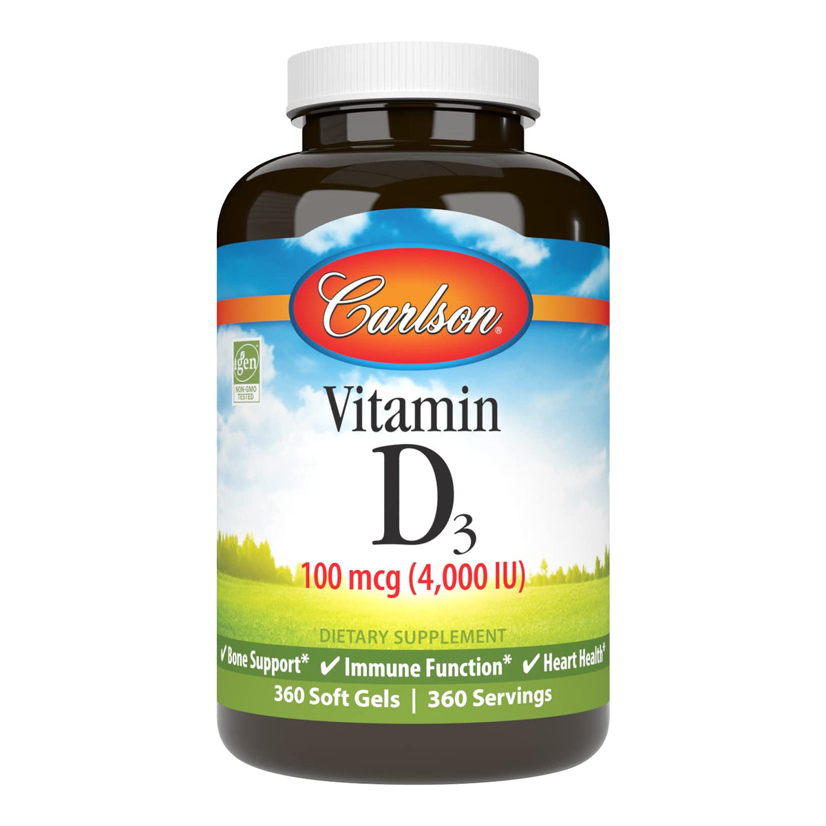 Carlson Vitamin D3 4000 IU softgels bottle front supports bone health.