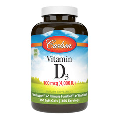 Carlson Vitamin D3 4000 IU softgels bottle front supports bone health.