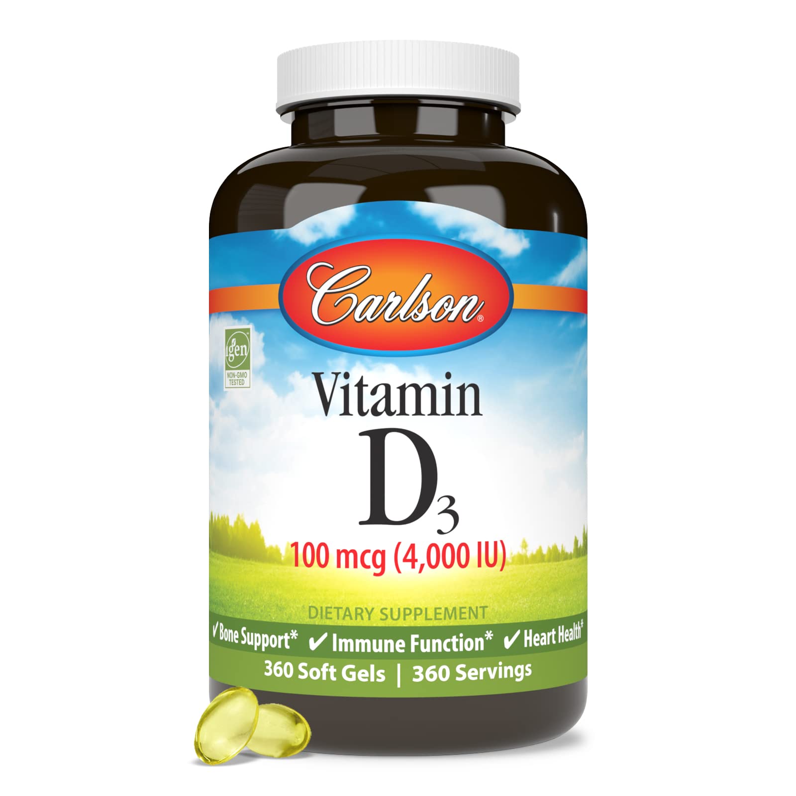 Carlson Vitamin D3 4000 IU softgels on shelf signals easy daily supplementation.