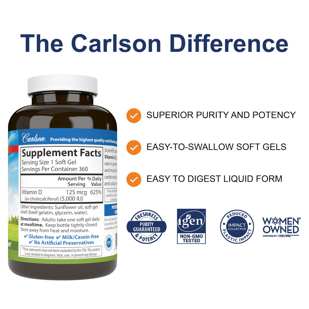 Carlson Vitamin D3 5000 IU bottle back with ingredients and dosage details