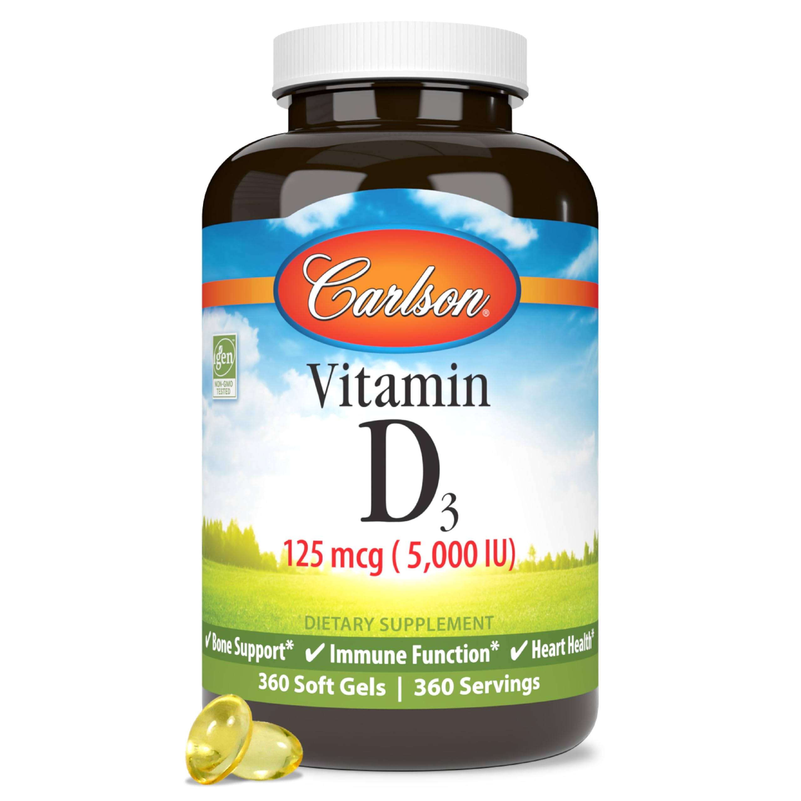 Carlson Vitamin D3 5000 IU bottle front showing label for daily bone health