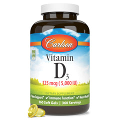 Carlson Vitamin D3 5000 IU bottle front showing label for daily bone health