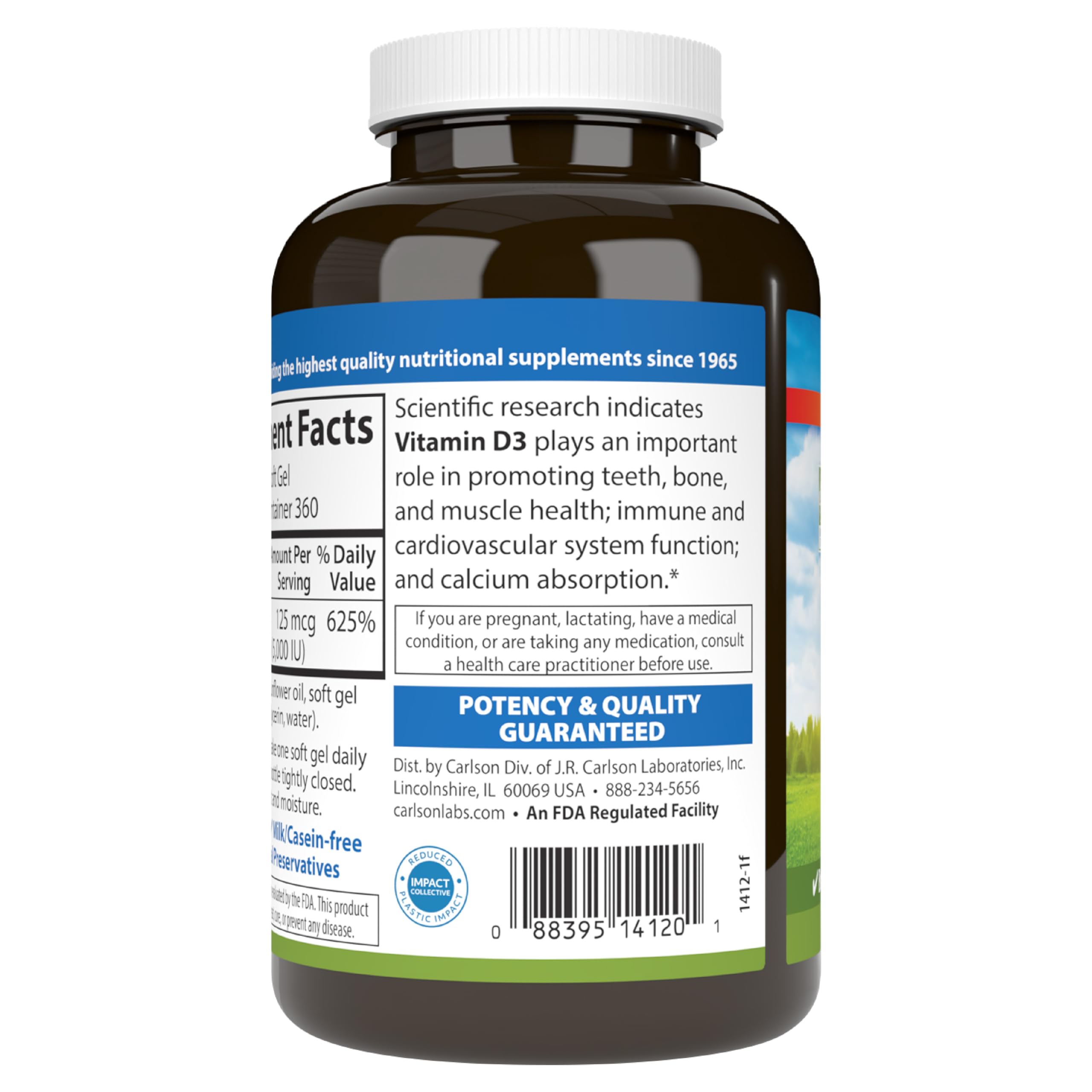 Carlson Vitamin D3 5000 IU bottle on shelf for everyday accessibility