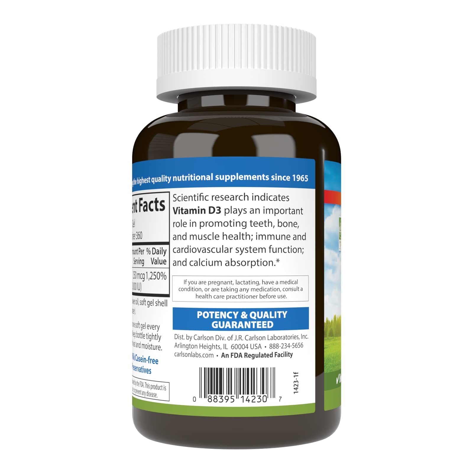 Carlson Vitamin D3 bottle label detail highlighting quality since 1965.