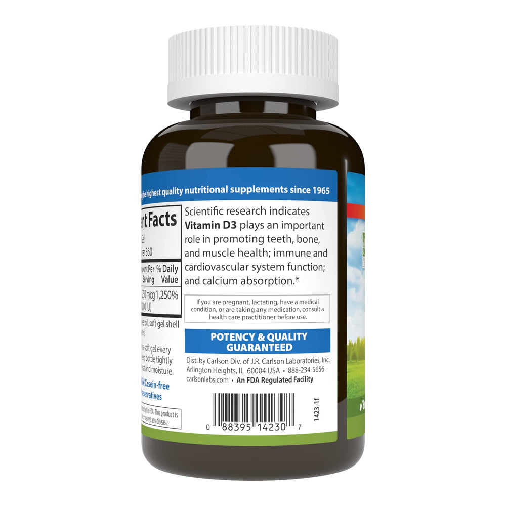 Carlson Vitamin D3 bottle label detail highlighting quality since 1965.