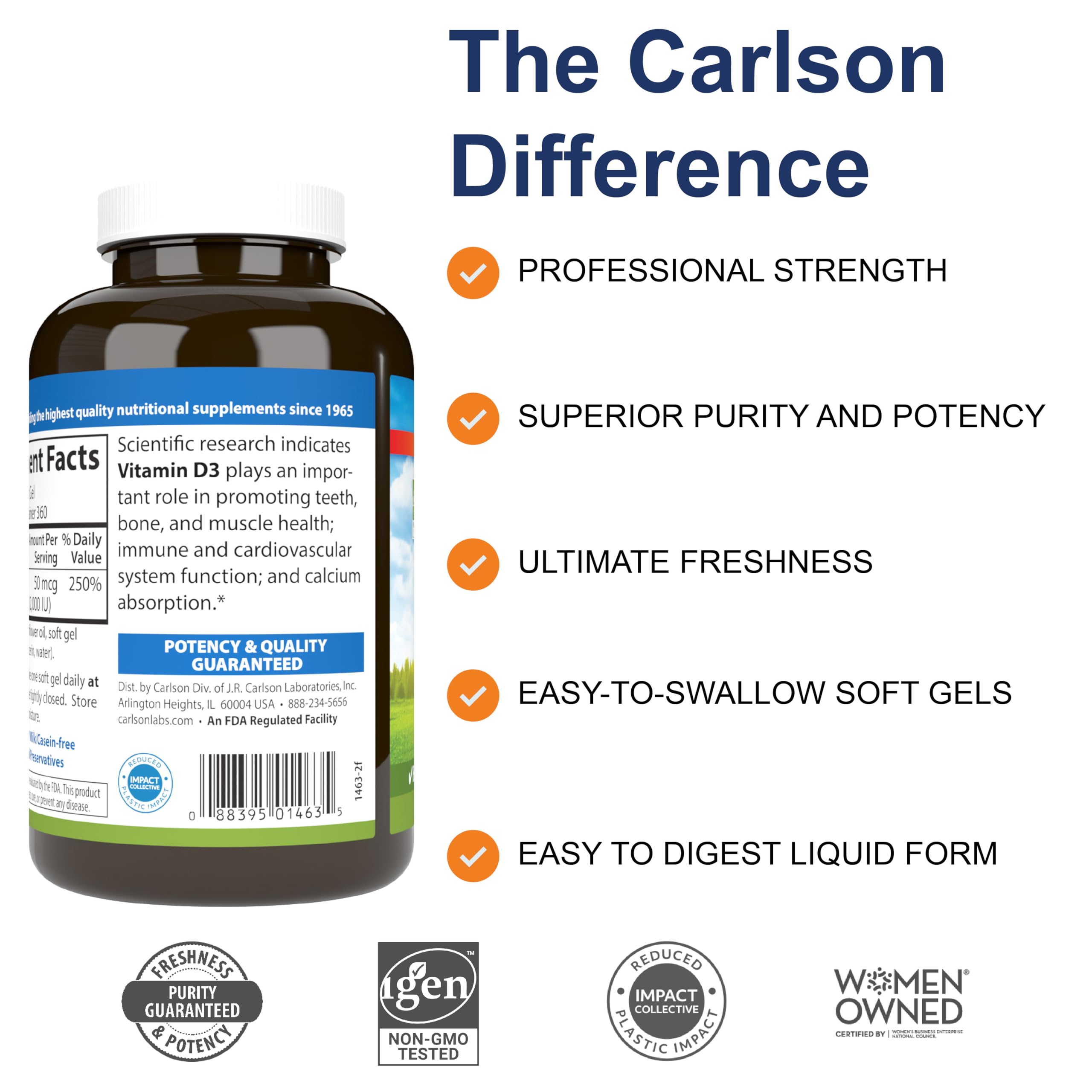 Carlson Vitamin D3 capsules close-up on gluten-free formula label