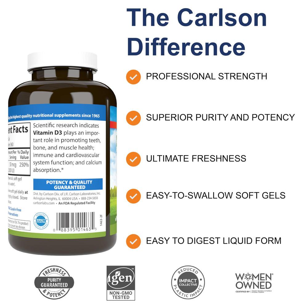 Carlson Vitamin D3 capsules close-up on gluten-free formula label