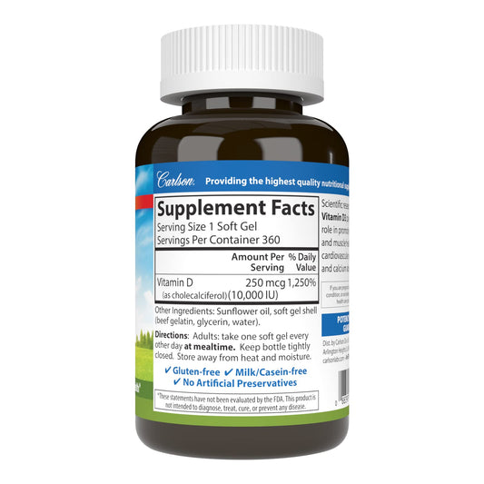 Carlson Vitamin D3 softgel closeup showing high-potency capsule.