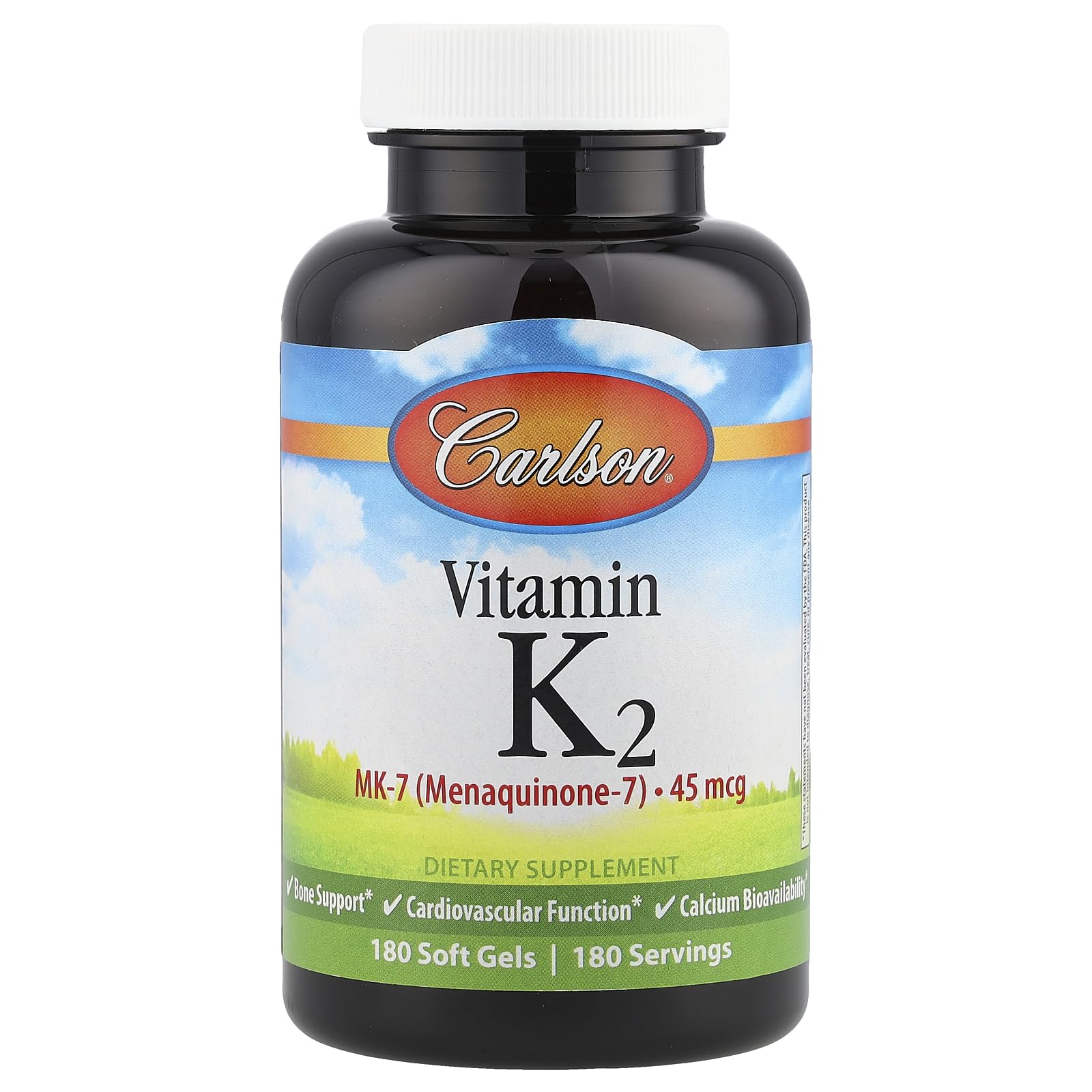 Carlson Vitamin K2-7 180-count bottle front for daily bone and heart health support.