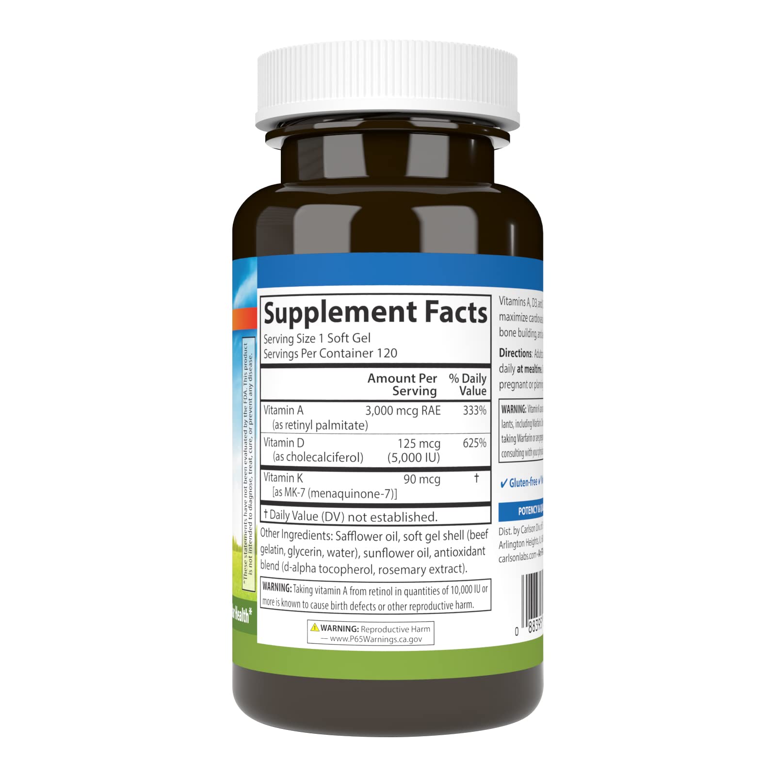 Carlson A D3 K2 bottle back shows potency details for bone health and calcium use