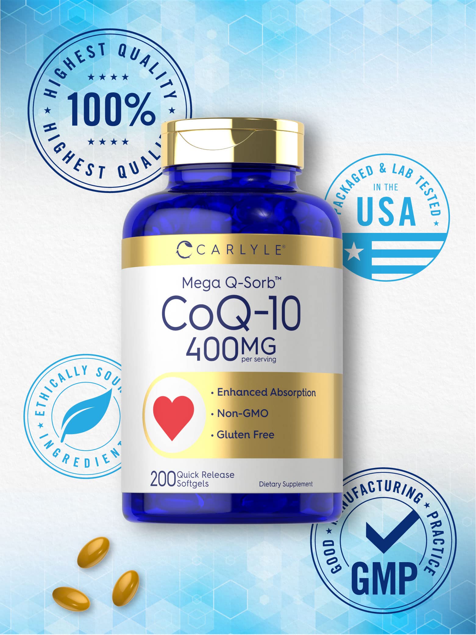 Carlyle CoQ10 400 mg softgels bottle with black pepper extract label