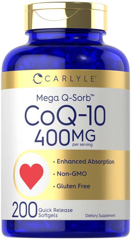 Carlyle CoQ10 400 mg softgels bottle highlighting high absorption formula