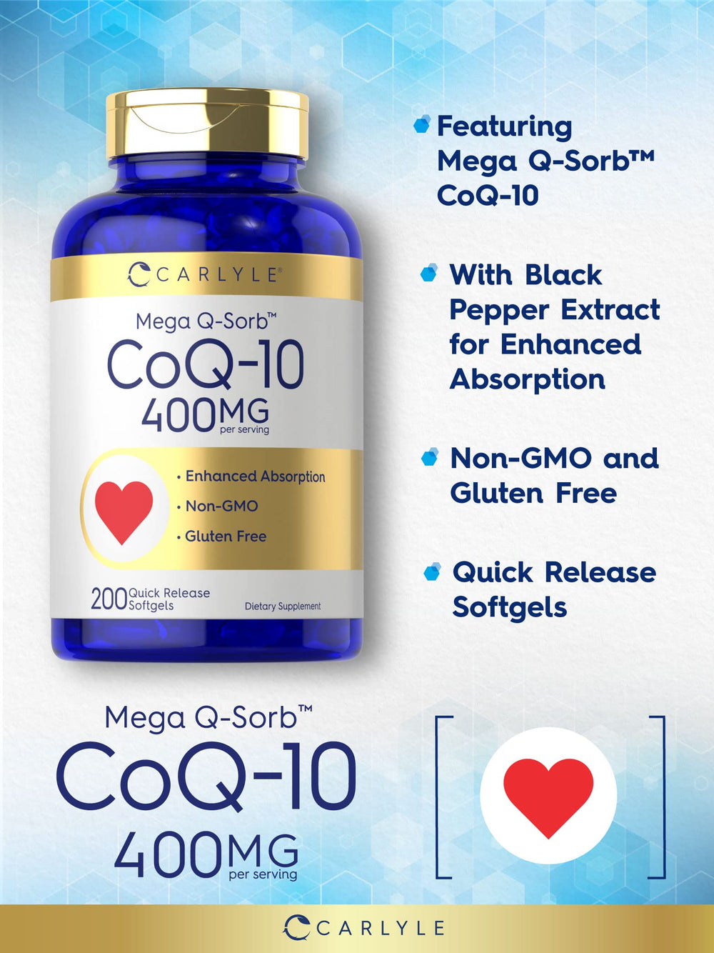 Carlyle CoQ10 400 mg softgels capsules closeup emphasizing smooth texture